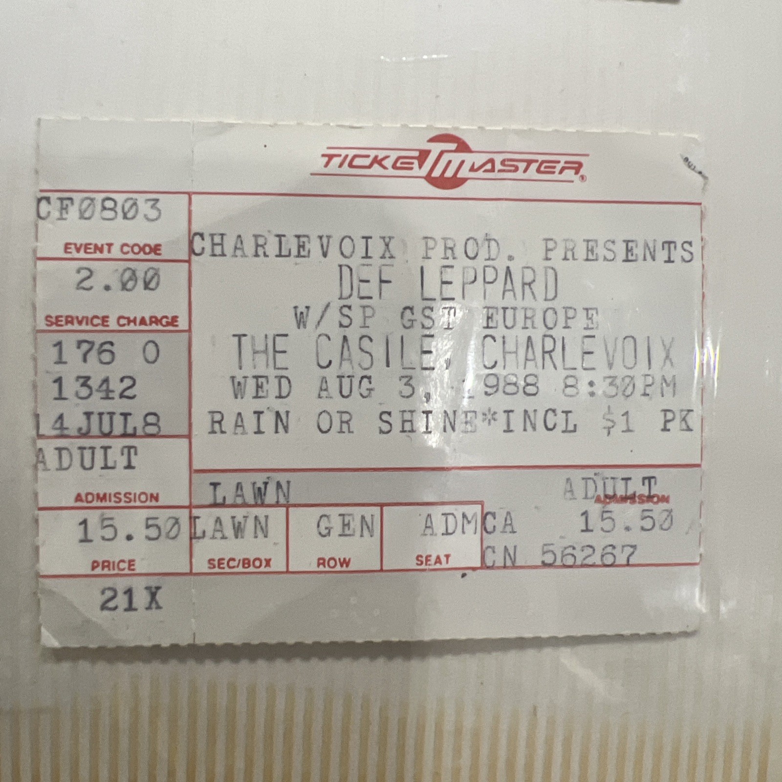 Def Leppard Concert Ticket | 8/3/1988 | Casile Charlevoix