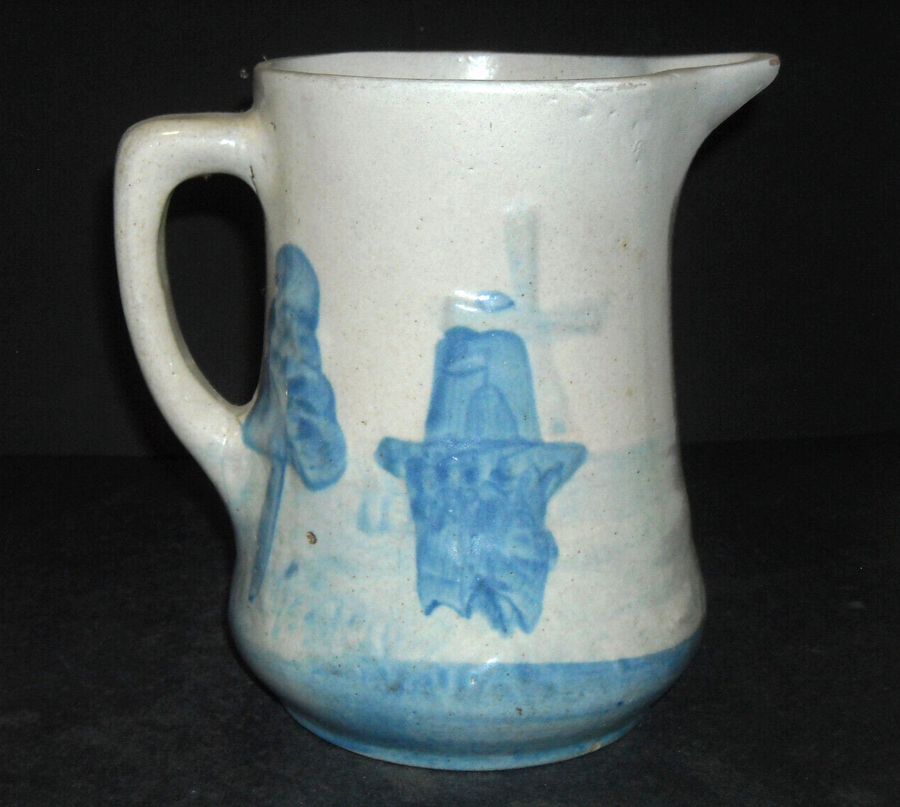 Antique Blue & White Stoneware Dutch Scene Pitcher Salt Glaze