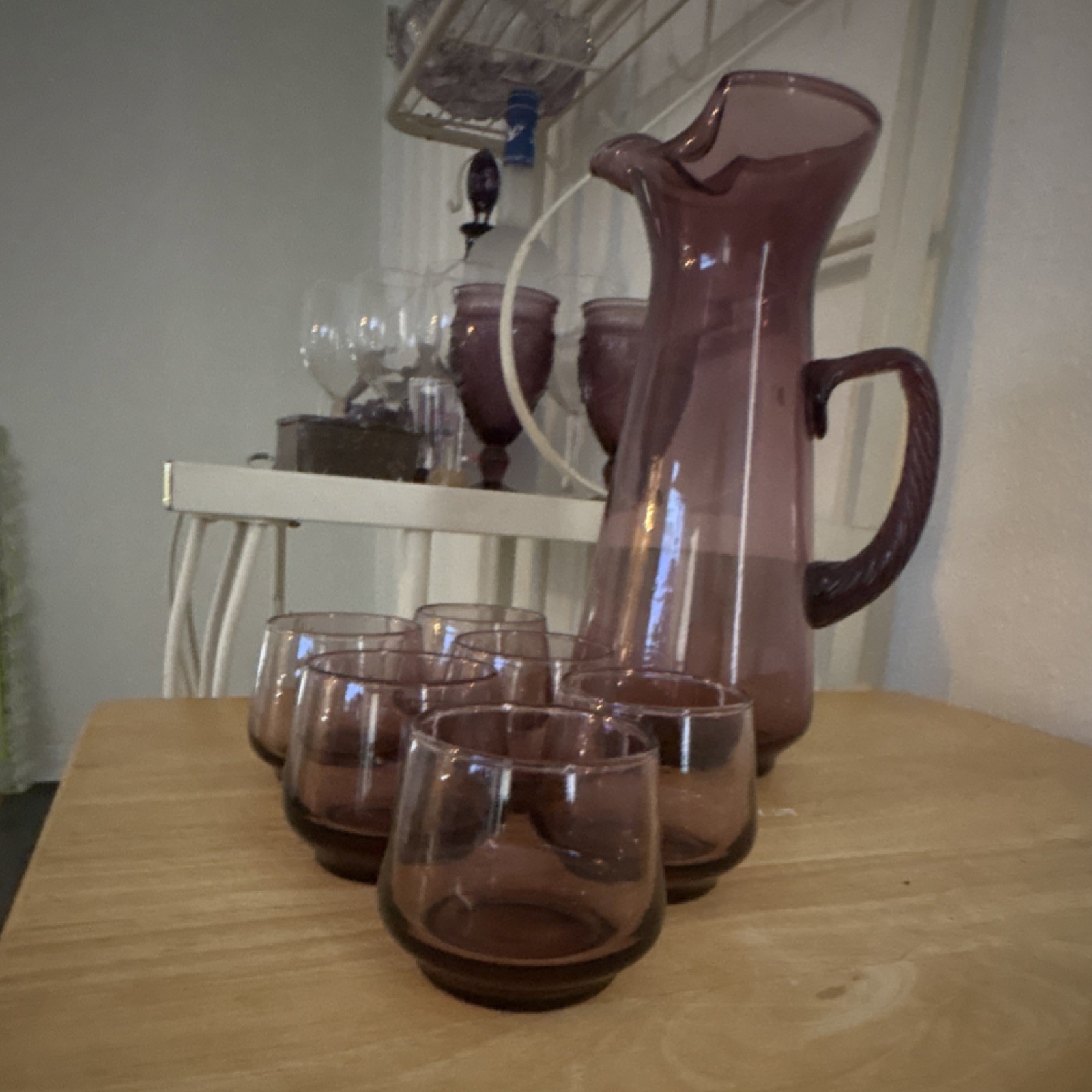 Purple Glass Pitcher with Handles & 6 Glossy Round Glasses Set, Solid Pattern