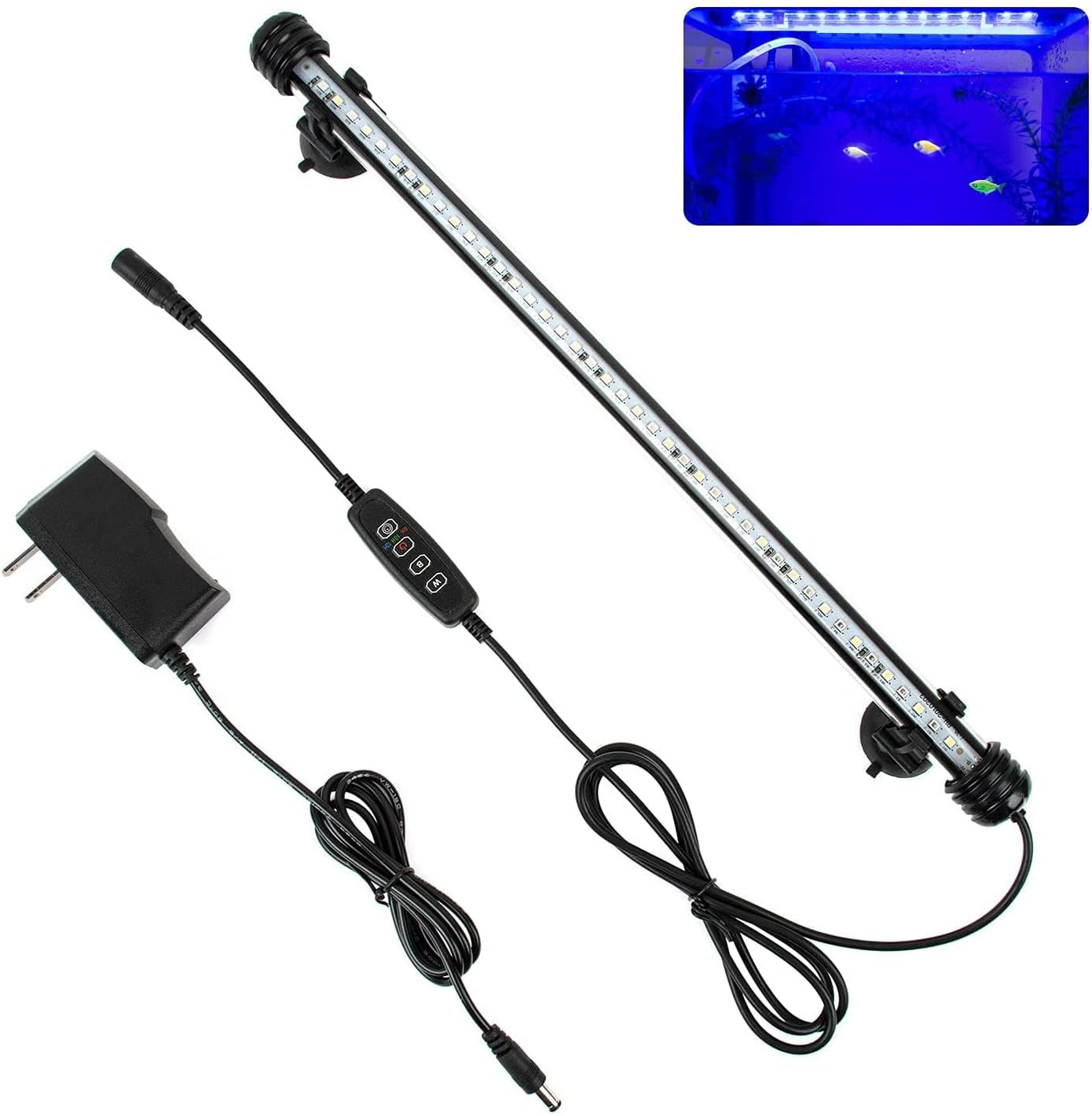 15" White & Blue Submersible LED Aquarium Fish Tank Light with Timer/Dimmable