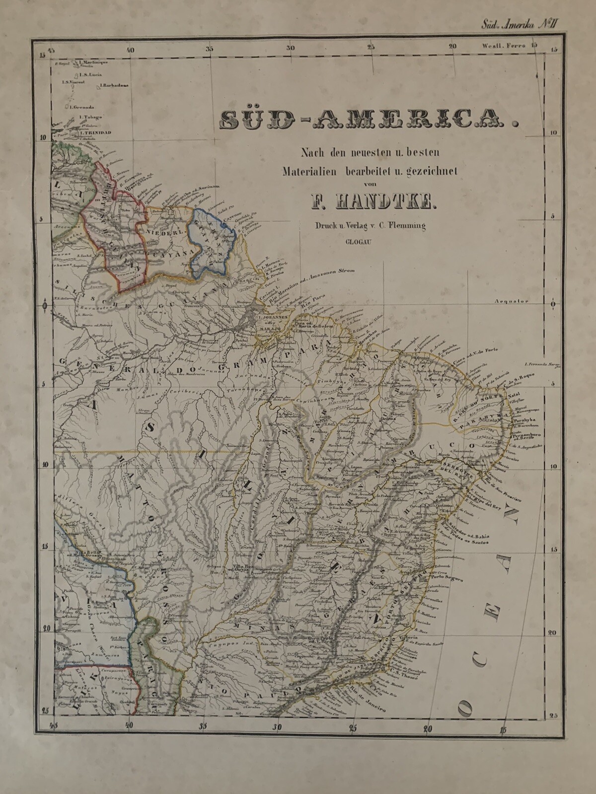 1854 Northeast South America (Brazil, The Guianas) Antique Map by Carl Flemming