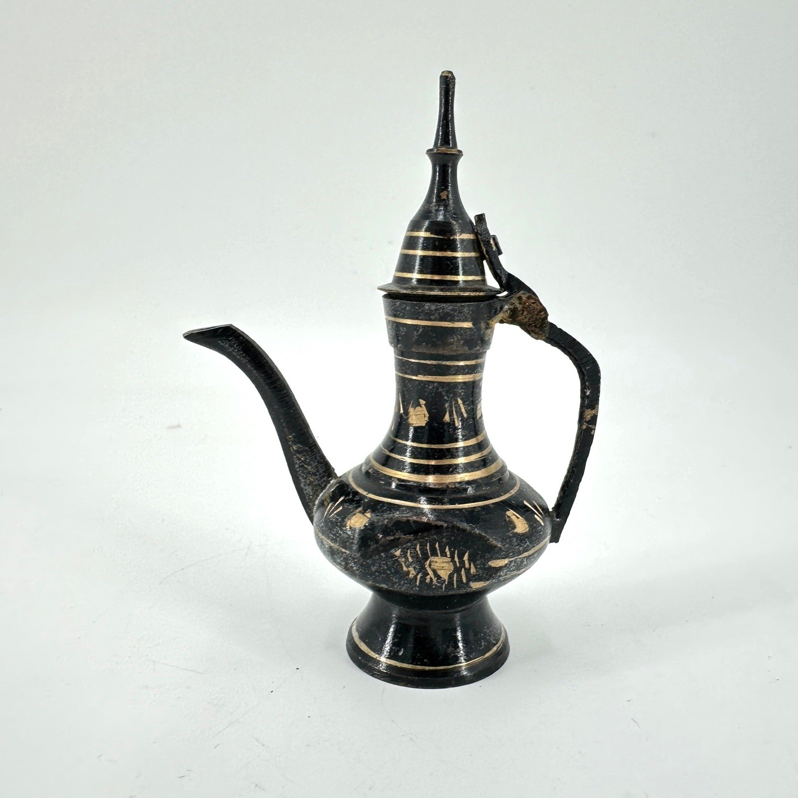 Mini Vintage Etched Black & Gold Brass Aftaba Ewer Pitcher Made in India Decor