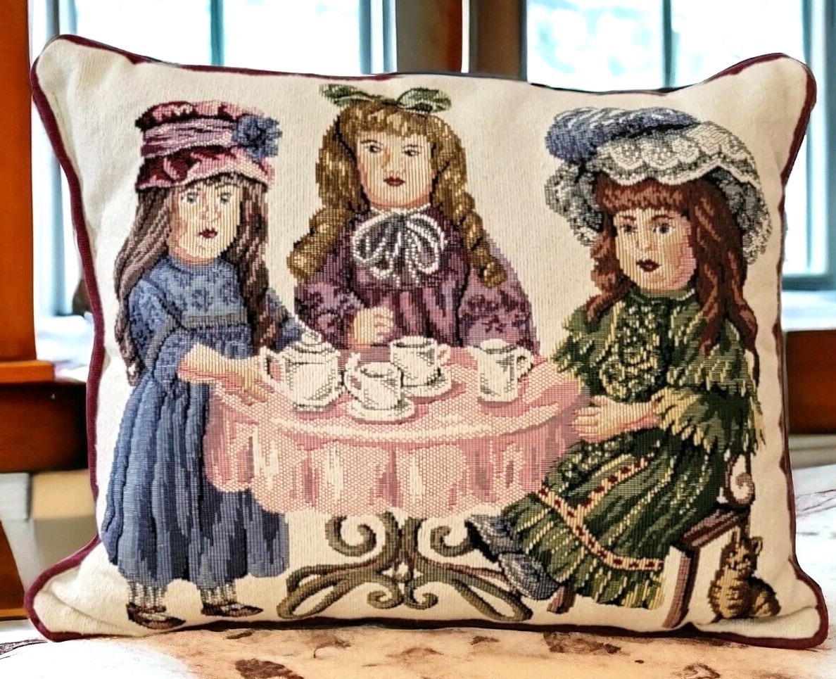 Pillow Girls Tea Party Tapestry 15.5x12.5" Victorian Charming