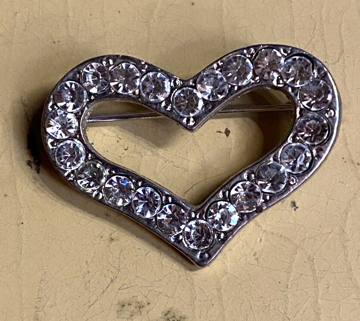 Vintage Silver tone Clear Rhinestone Heart Pin Brooch 1 1/2"