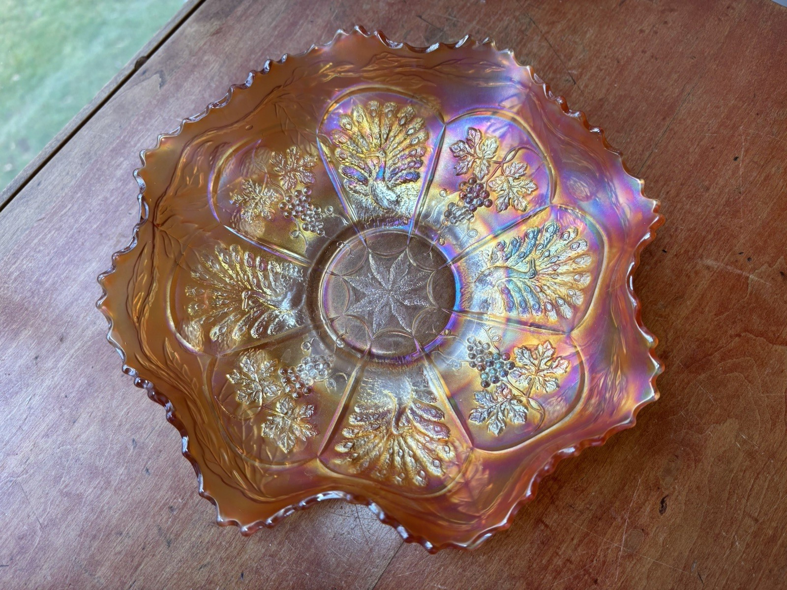Antique Fenton Carnival Glass Bowl / Marigold / Peacock And Grapes