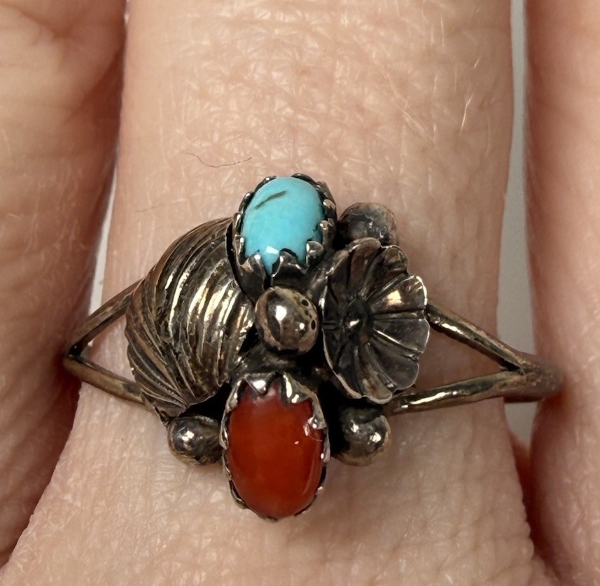 Navajo Sterling Silver Feather Turquoise Coral Ring Size 8.25 Roselene Joe