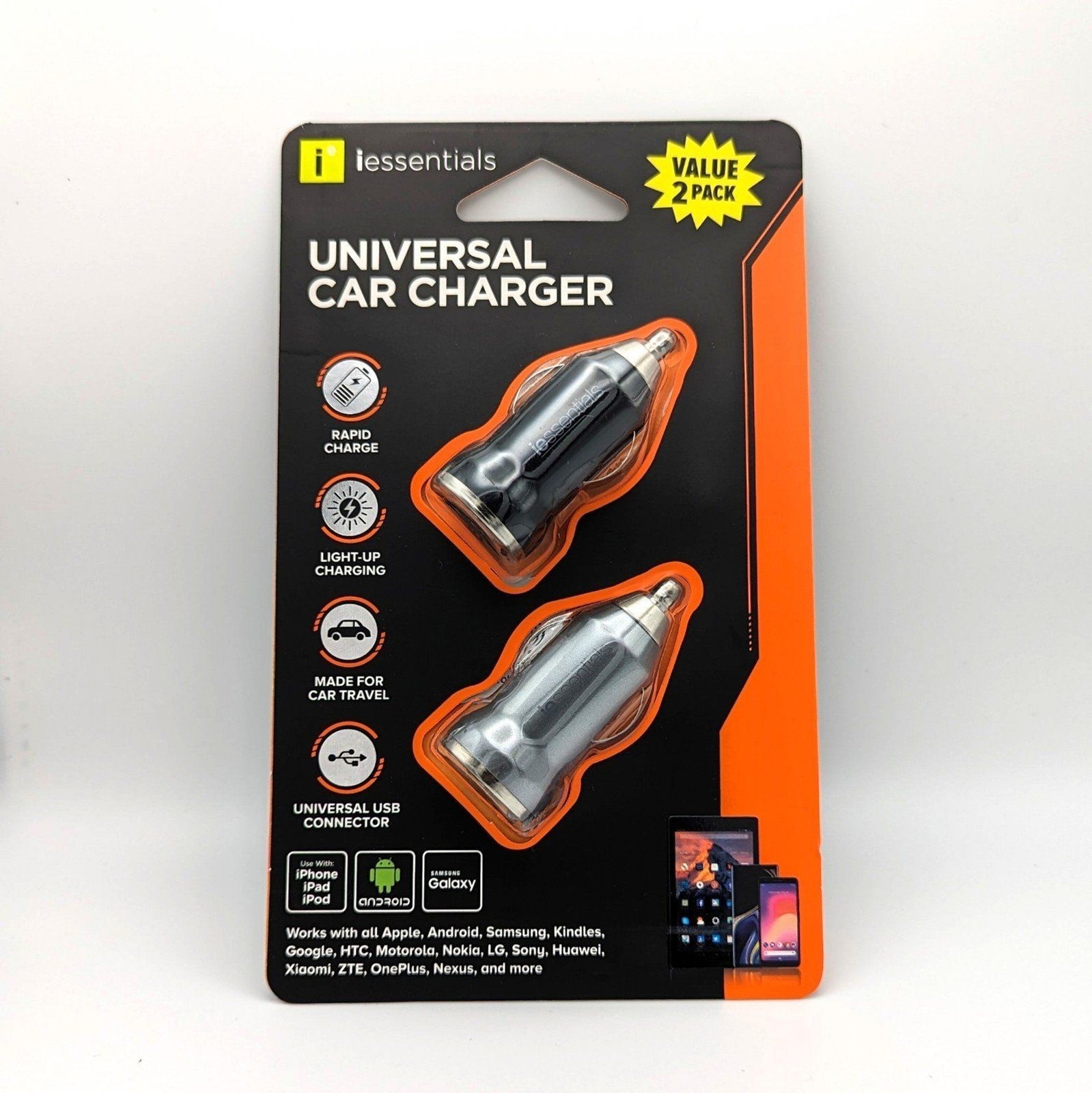 iessentials Universal Car Charger 2 Pack Grey & Black