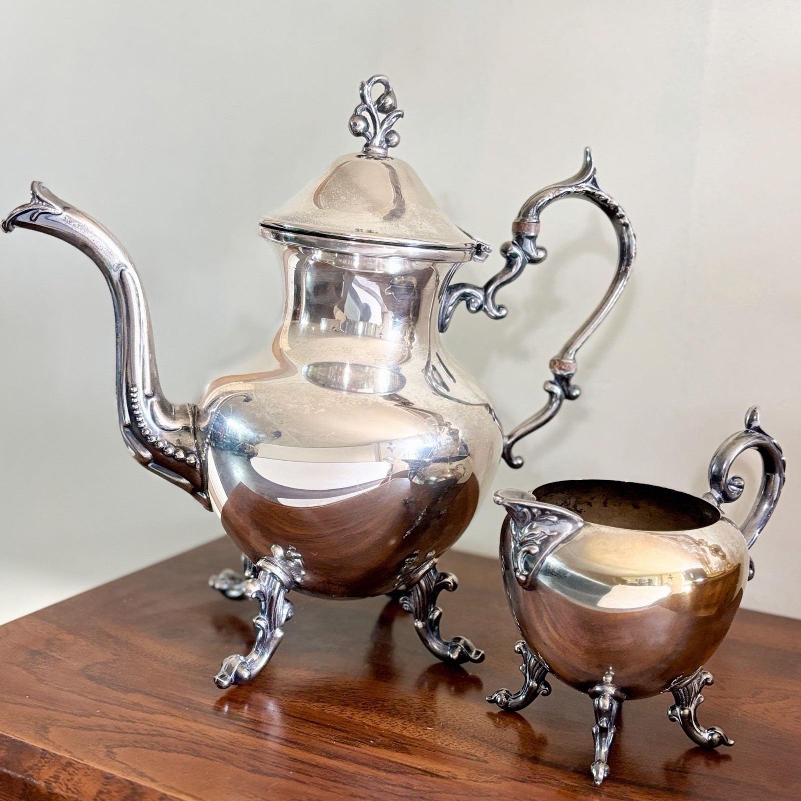 Vintage Birmingham Silver Co Teapot & Creamer Set Ornate Silver on Copper BSC