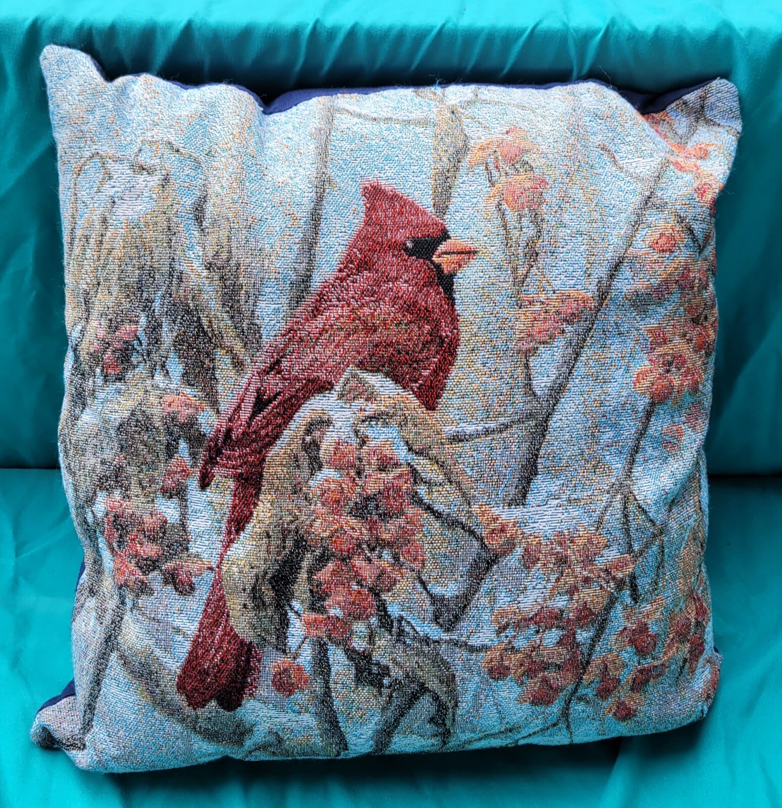 Vintage Pillow Cover Tapestry Accent Pillow Red Cardinal Snow Holly Branch Sofa