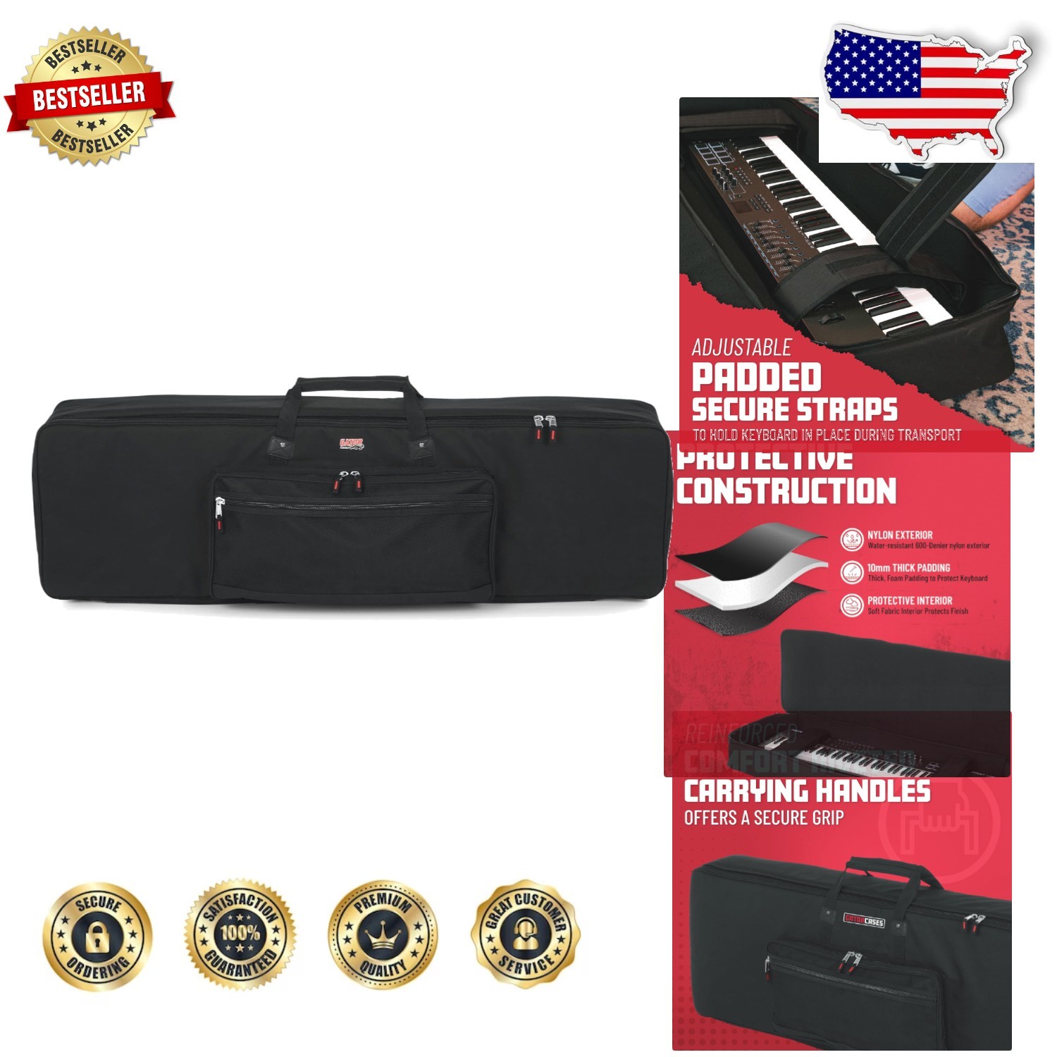 Durable 88-Note Keyboard Gig Bag Black Nylon GKB-88 Reinforced Carry Handles