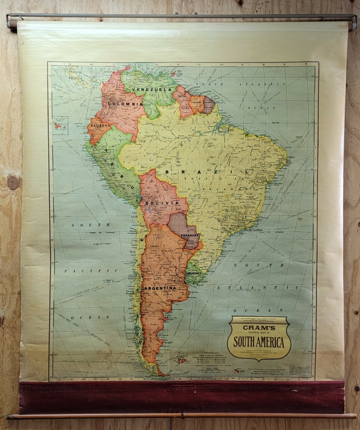 Vintage Cram's South America Map Pull Down Roll Up 51" x 62" Markable Washable