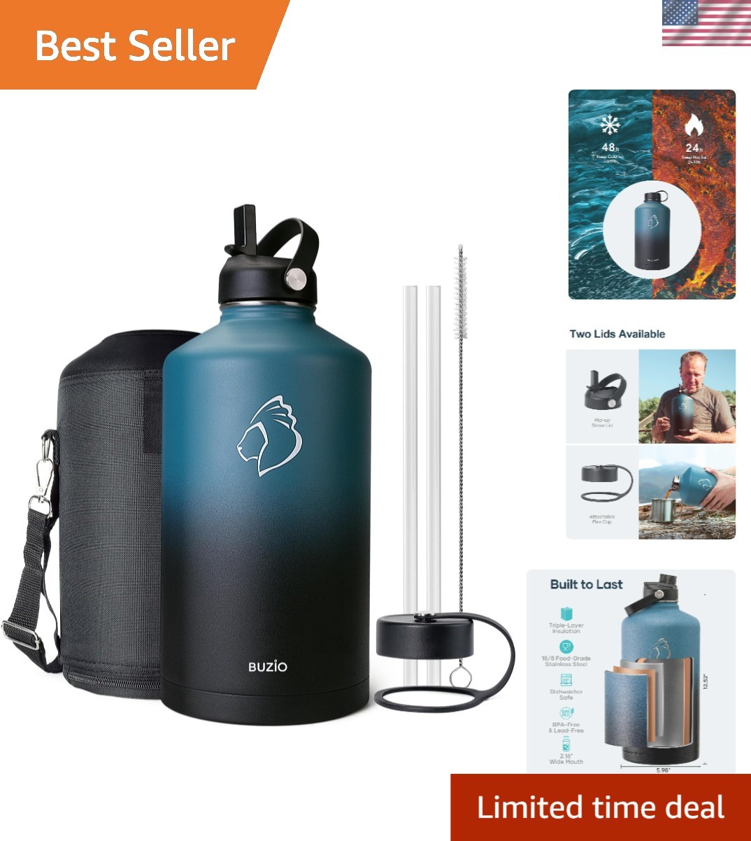 1 Gallon Water Bottle Insulated with Straw Lid, 128oz Large Water Jug Stainle...