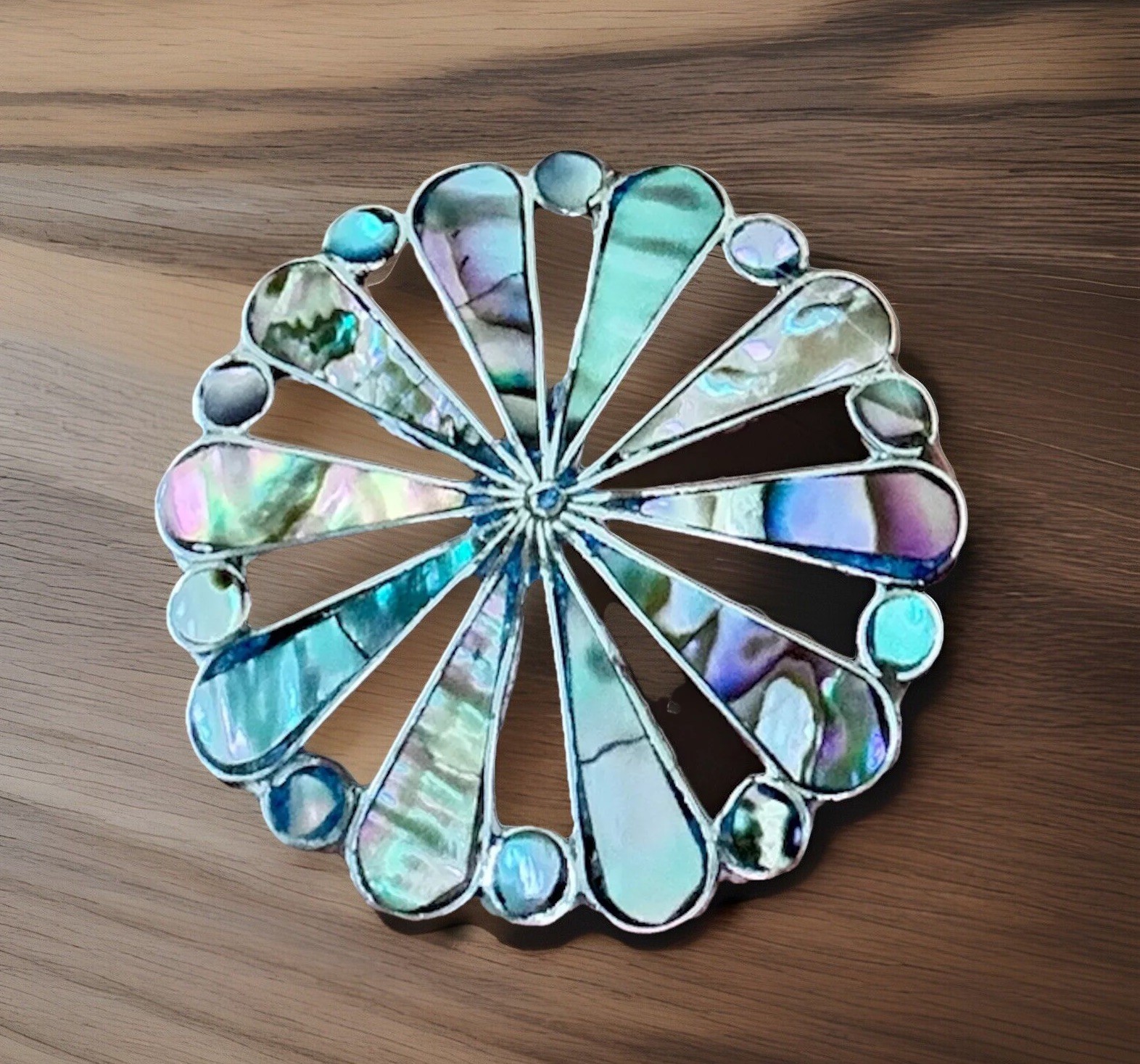 Vintage Taxco Mexico Sterling 925 Pendant Brooch Abalone Inlay Signed CRE 1.8”