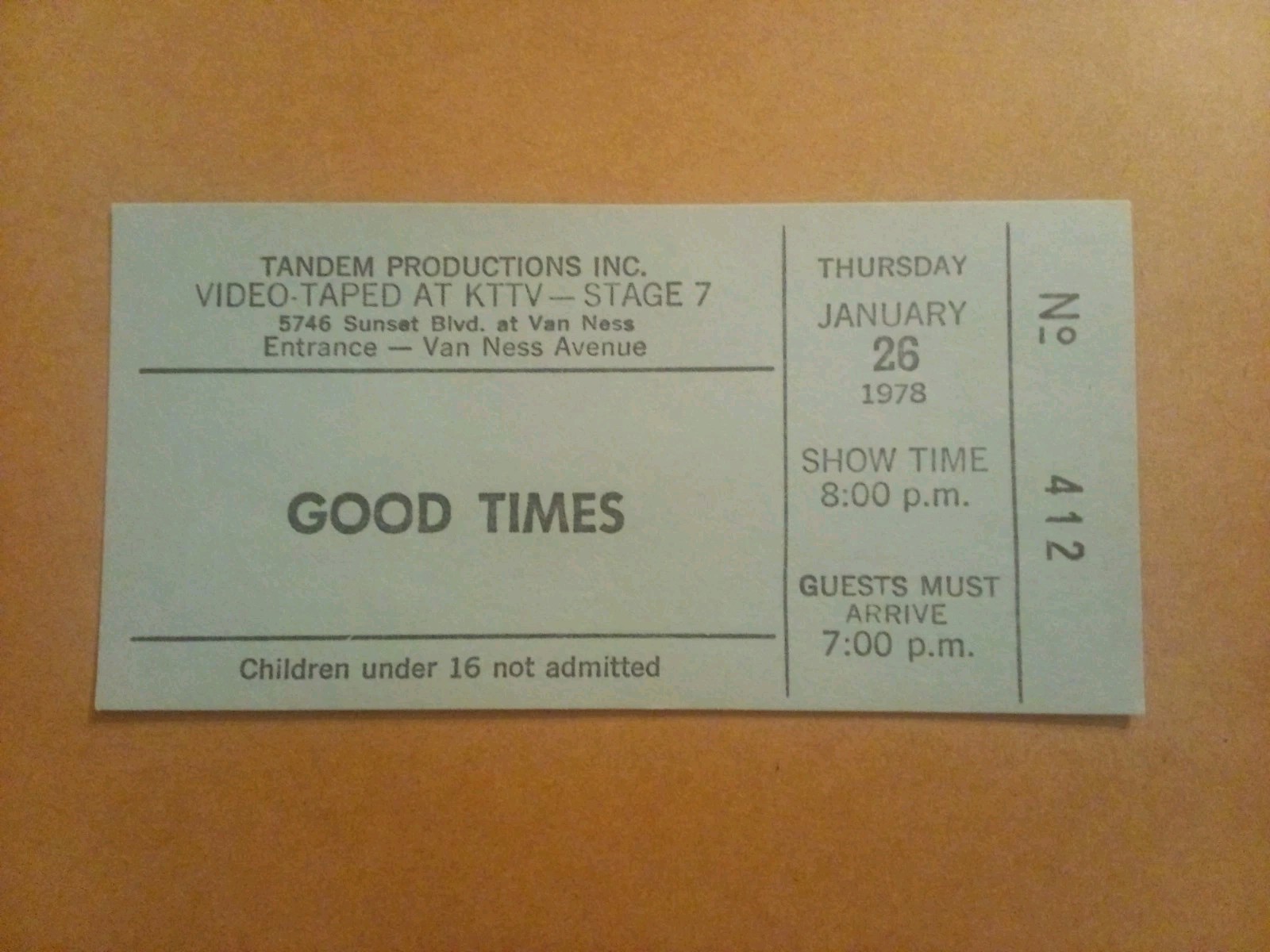 Rare Ticket For "Good Times" - TV Show Studio Ticket - January 26, 1978
