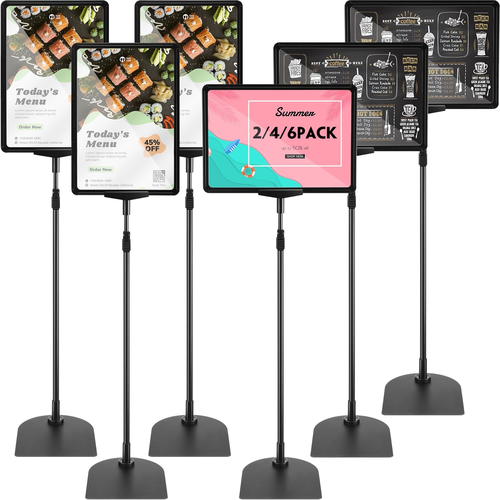 Jutom 6 Pack Adjustable Pedestal Sign Holders 8.5x11 Heavy Duty Aluminum Poster