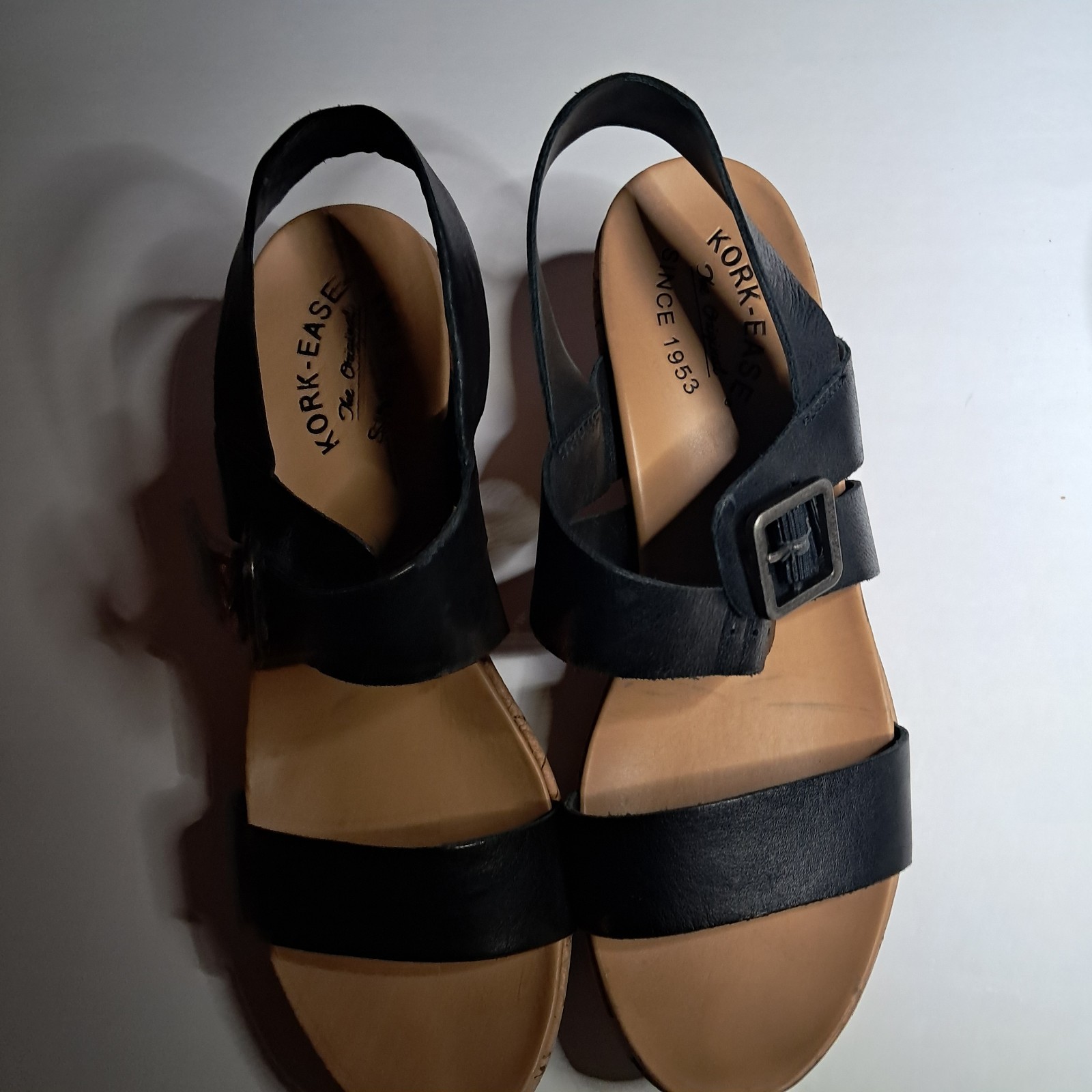 Kork-Ease Black Tan Leather Strappy Wedge Sandals Buckle Ankle Strap
