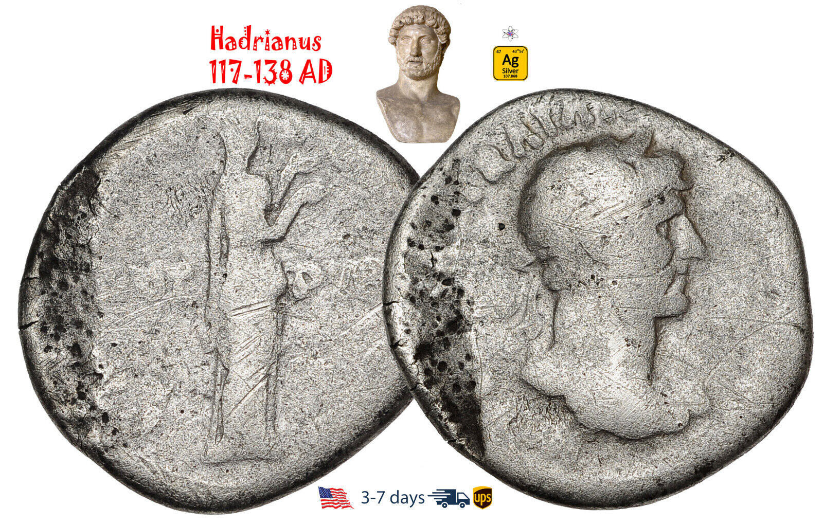 Ancient Roman Empire Coin Silver Denarius Hadrian 117 - 138 AD Authentic #23237