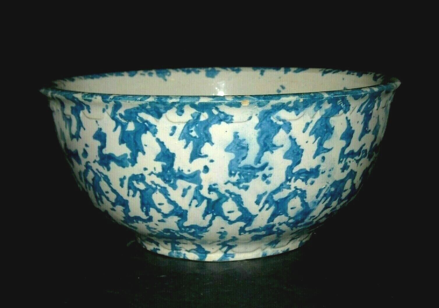 1880 - 1915 LG  11 1/4" Blue & White Spongeware Mixing Bowl Stoneware Salt Glaze