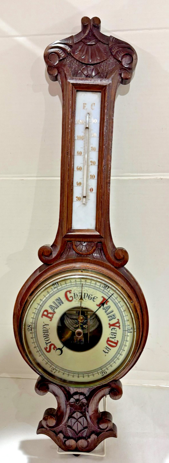 Antique English Carved Oak Aneroid Barometer Thermometer W.B Hodgson 32”
