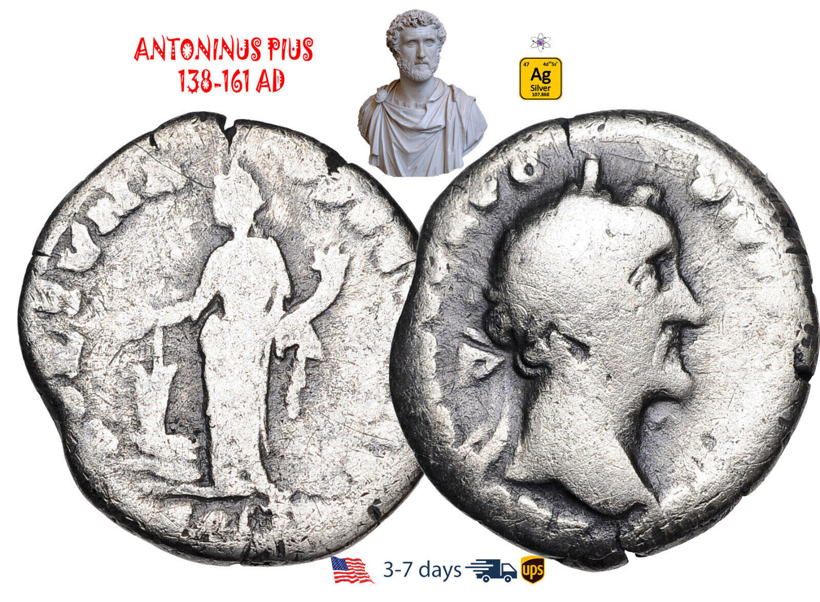 Ancient Roman Empire Coin Silver Denarius ANTONINUS PIUS 138-161 AD #23302