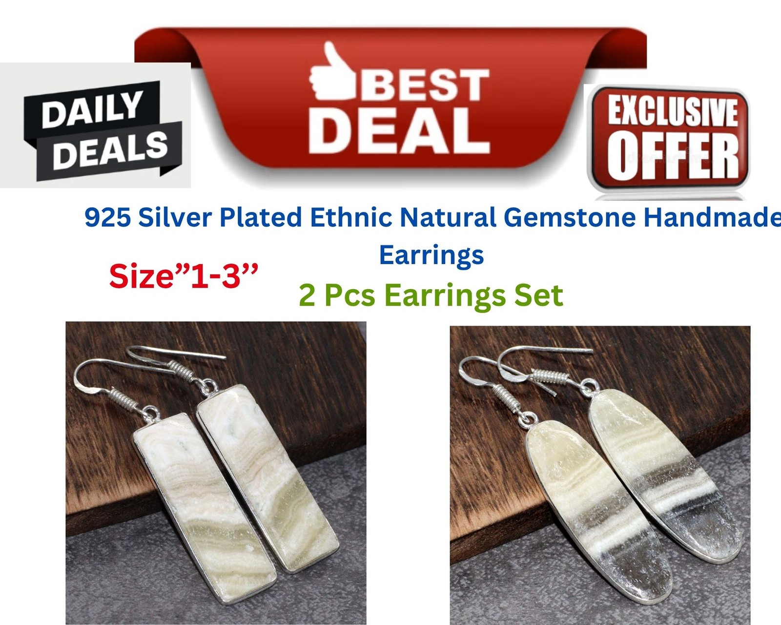 Laguna Lace Calcite Jewellery 2pcs Earrings Set Handmade Size 2.2|2.3" MJ