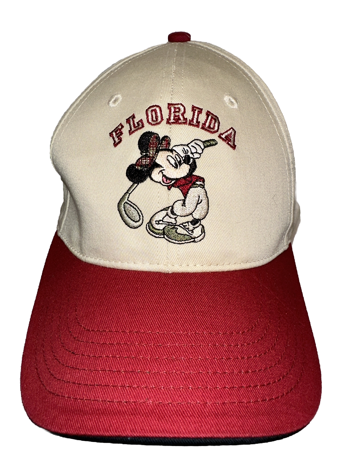 Disney Florida w Golfer Mickey on Front Maroon w Tan Hat Cap Disney Brand