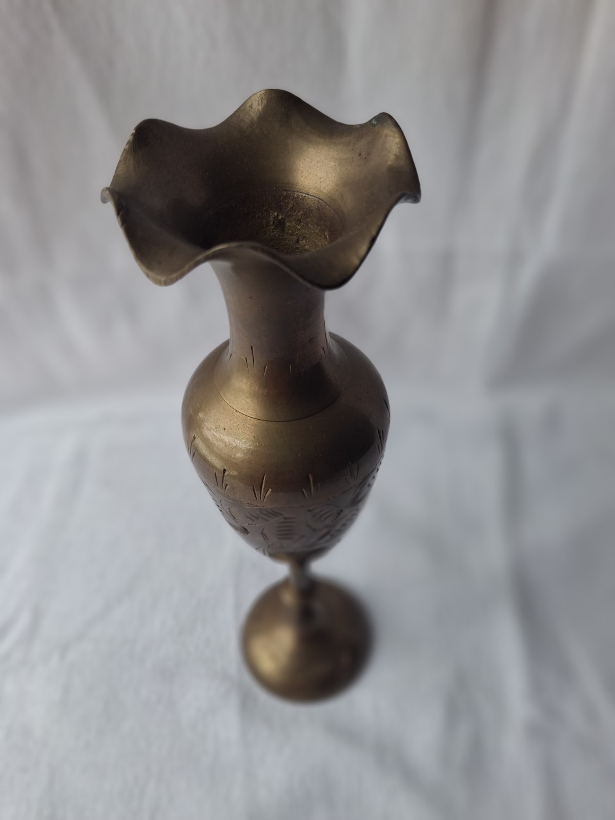 Brass Bud Vase Fluted Rim 10 ins Floral Motifs Vintage