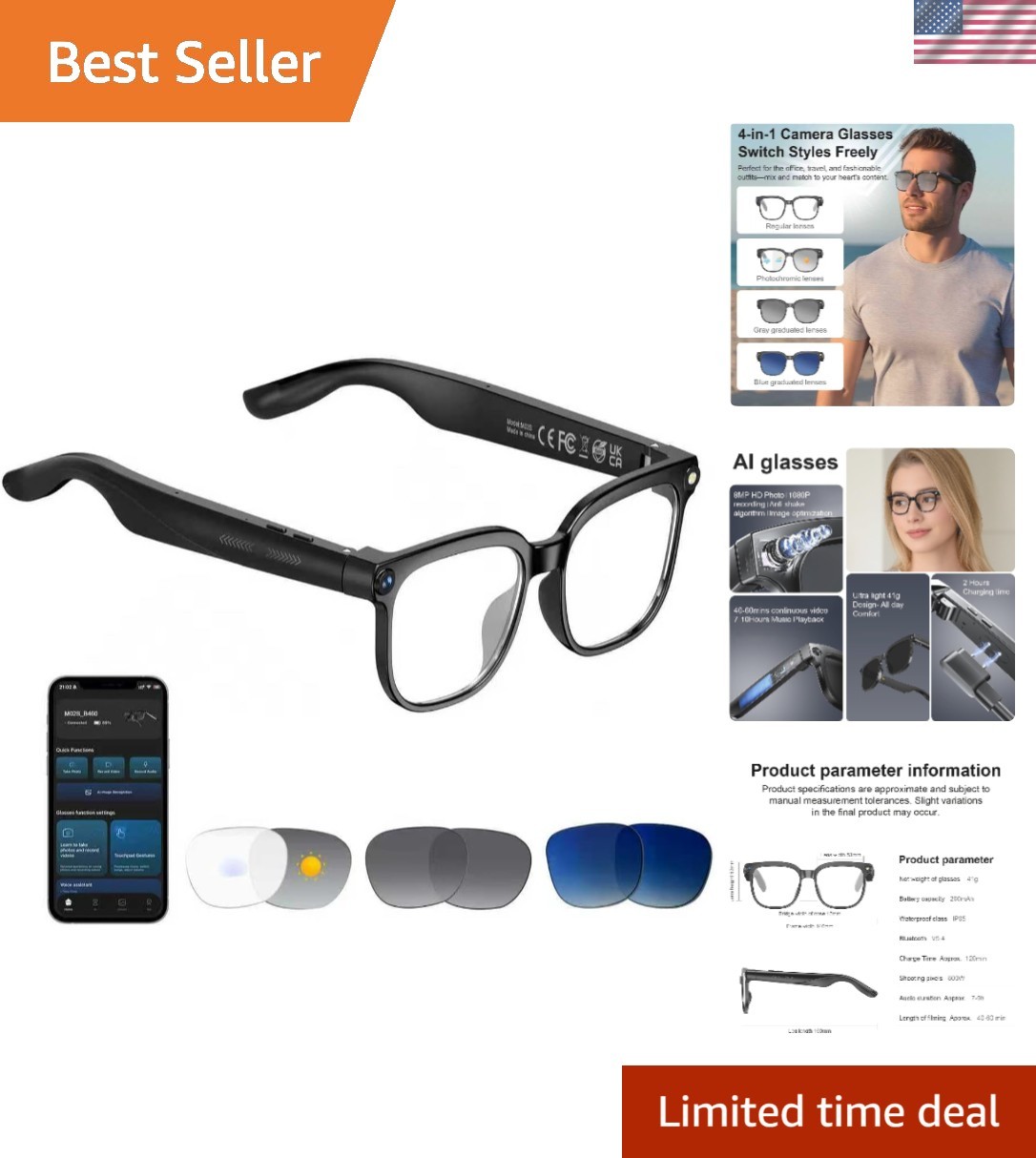 AI Smart Glasses with 8MP HD Camera & 1080P Video Recording for Travel and Vlog