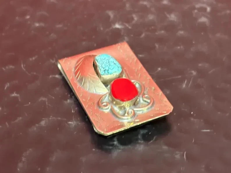 Stunning Turquoise and Coral 14K White Gold Over Money Clip — 2 inches For Men's