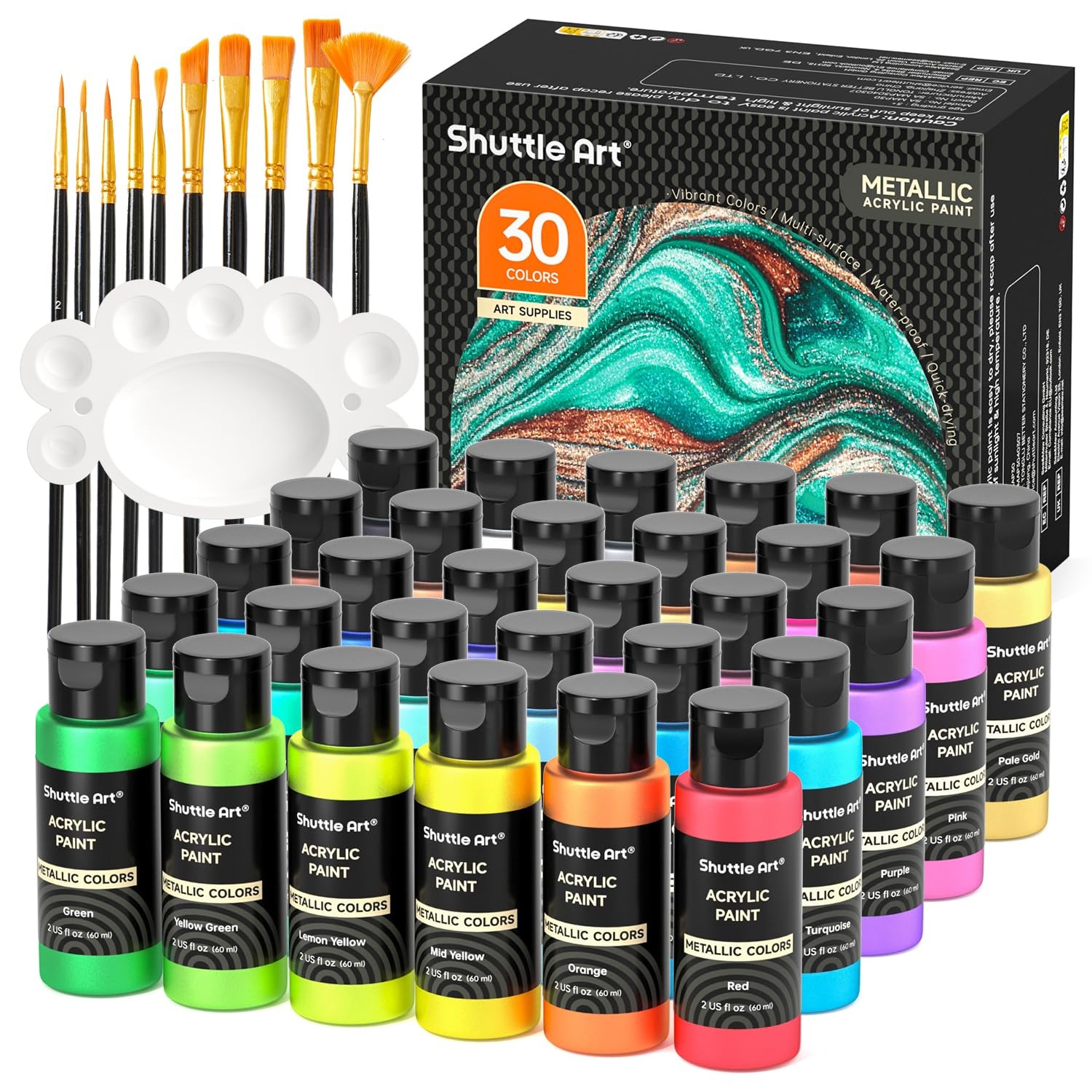 Shuttle Art 30 Colors Metallic Acrylic Paint Set, 60ml Bottles for Artists