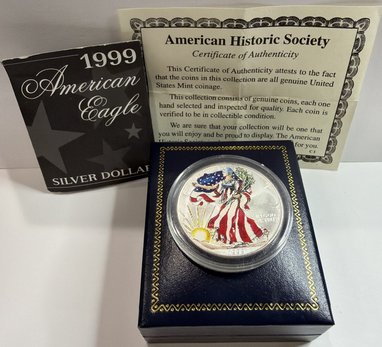 1999 American Eagle Silver Dollar Colorized American Historic Society 99 Box COA