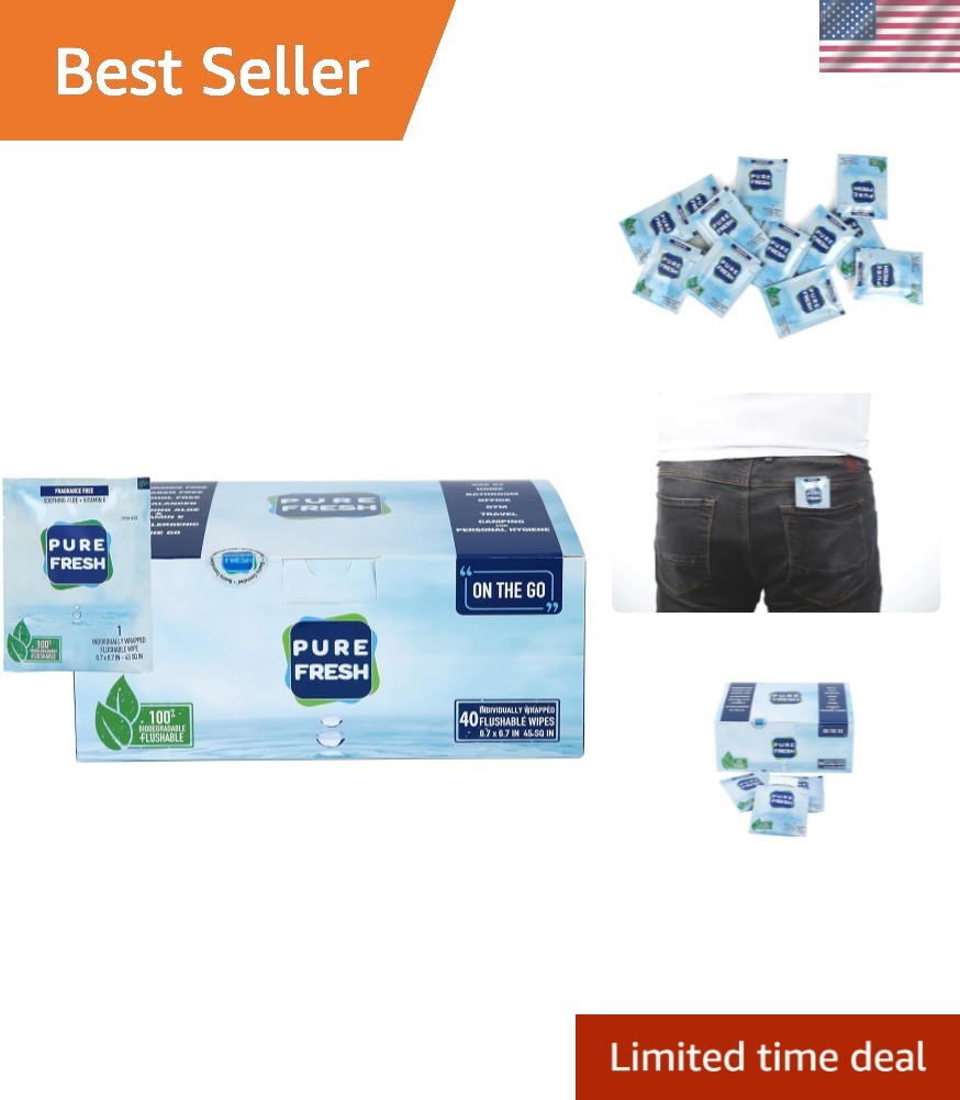 PureFresh Wet Wipes Flushable Individually Wrapped for Travel 40 Singles