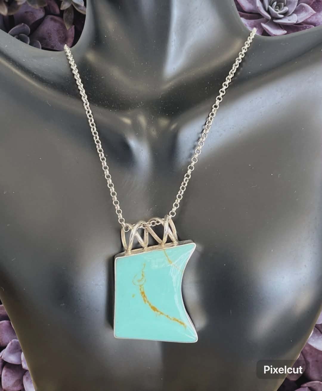 Vtg 925 Sterling Silver Thick Pendant w/ Turquoise italy Chain Necklace- Heavy