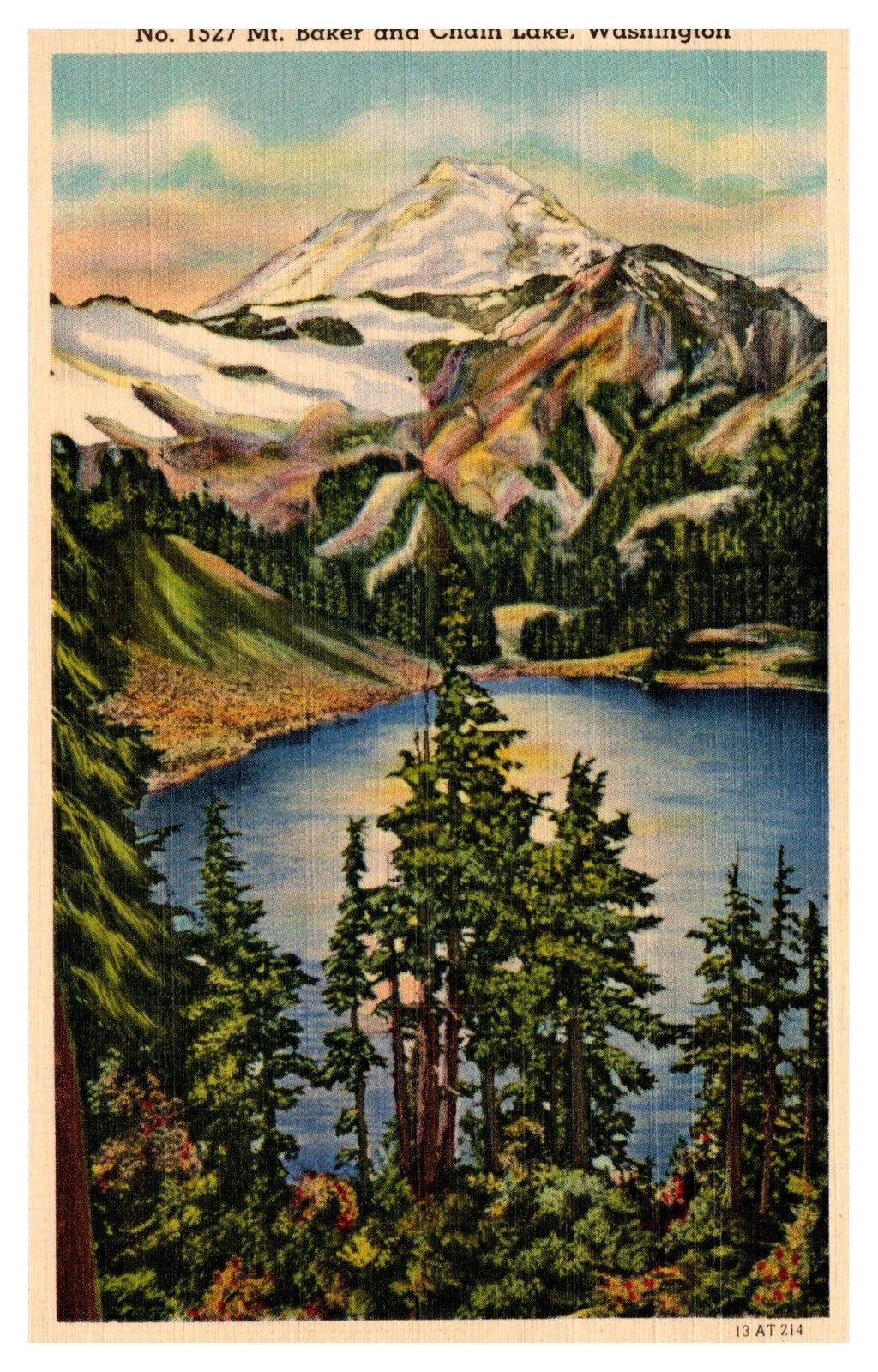 WA Washington Mt. Baker and Chain Lake Aerial View 1527 Linen Postcard