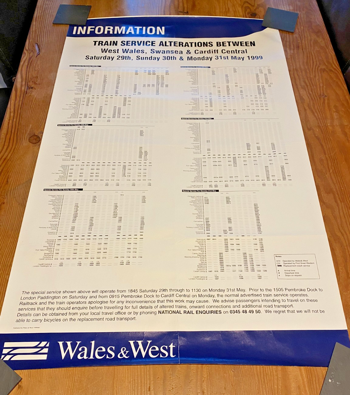 Original used railway poster. Wales and West train alterations. 99