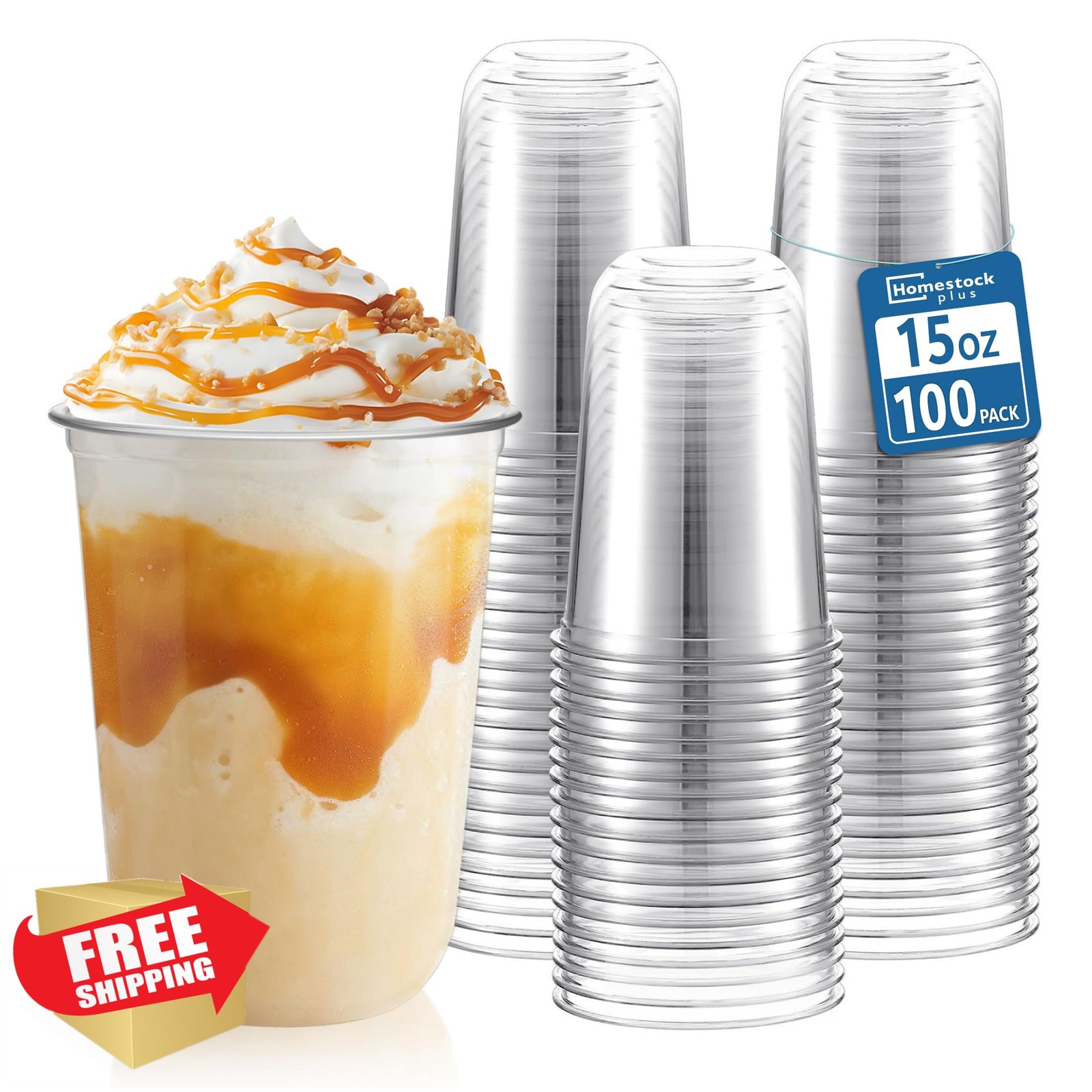 Homestockplus 15oz PET Plastic Cups 100 Pack U-Shaped To Go Smoothie Cups