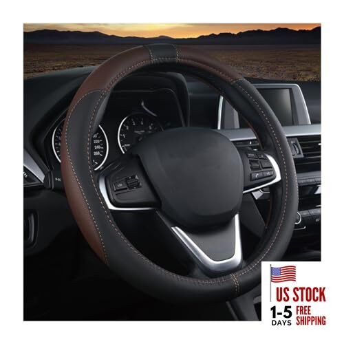  Car Steering Wheel Cover, Soft Leather Steering Wheel Protector, Black/Coffee