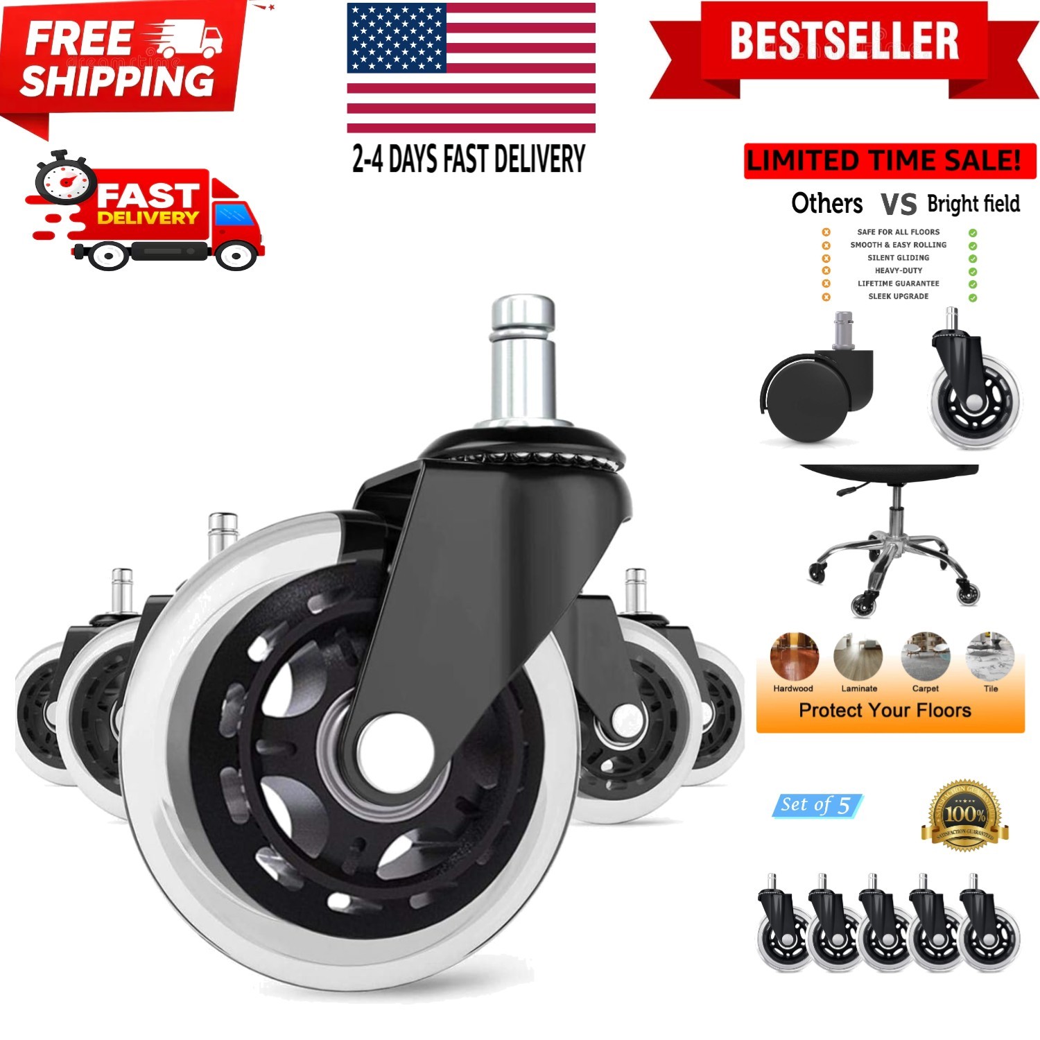 Office Chair Caster Wheels Set of 5 Heavy Duty & Safe for All Floors Includin...