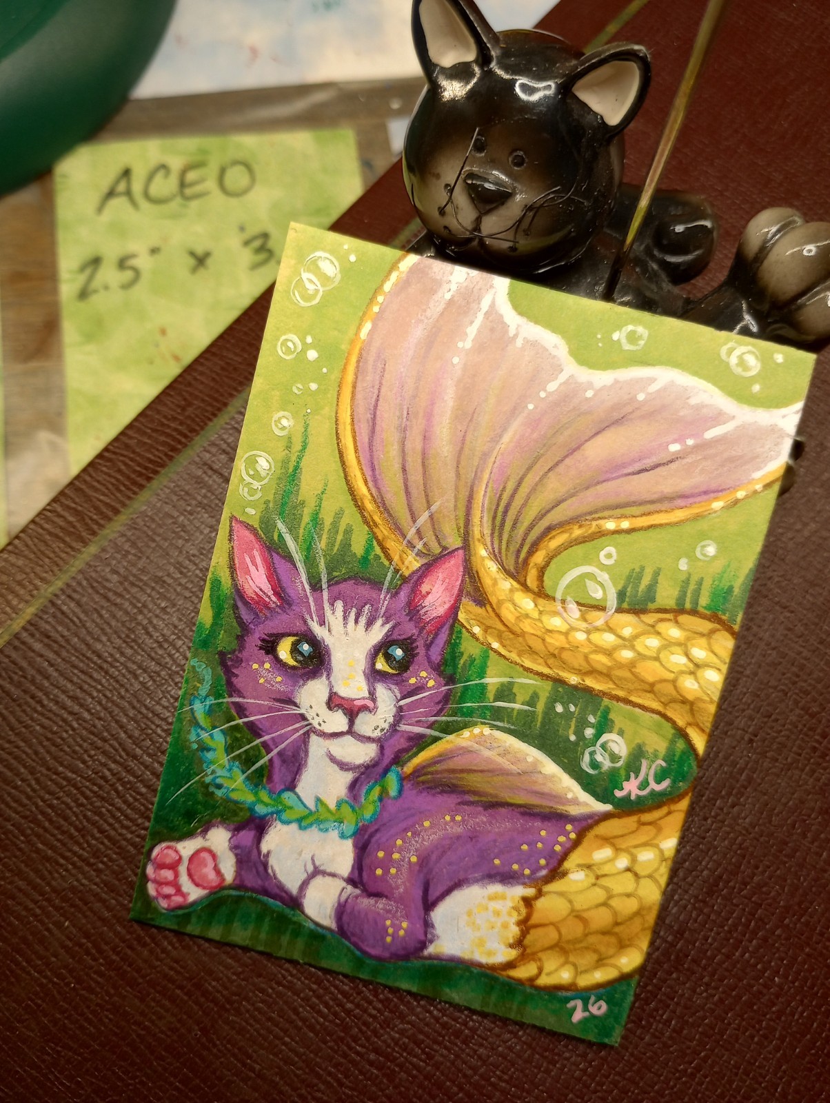 ACEO Original Art Purrmaid Mermaid Purple Tuxedo Cat Keelaz Kreationz