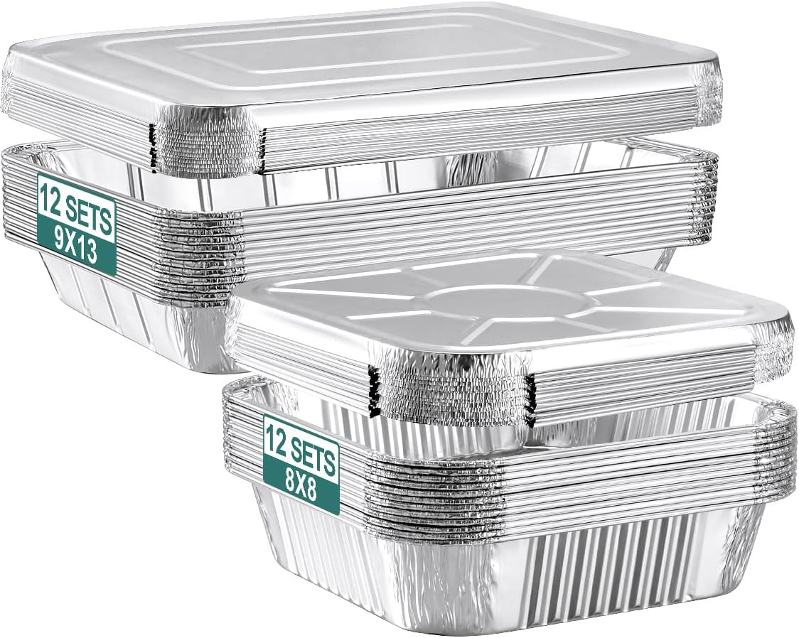 24 Pack Disposable Aluminum Pans with Lids Combo Set- 12 Large 9X13 Foil Pans Ha
