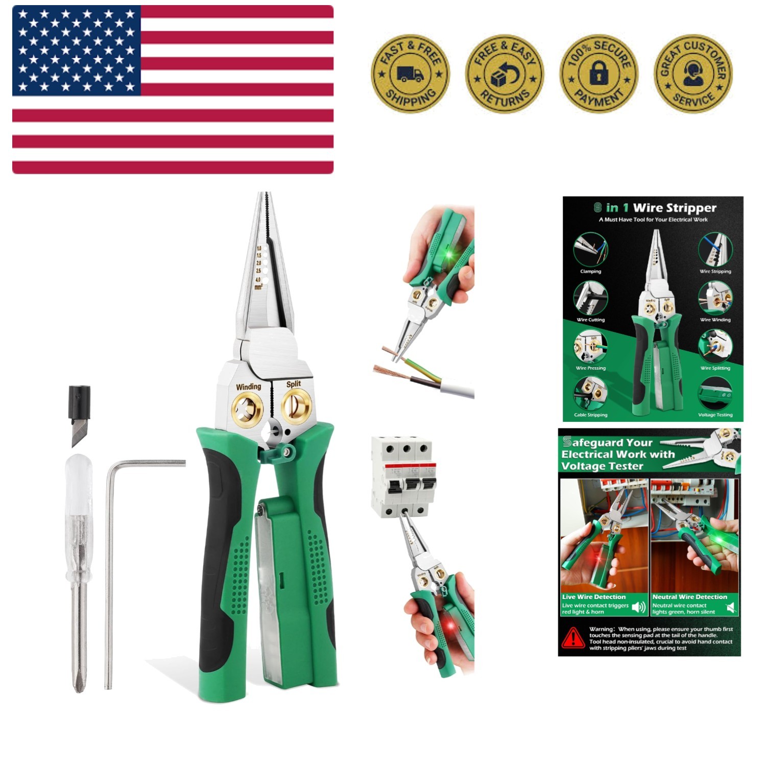 8 In 1 Wire Stripper with Voltage Tester, Wire Strippers/Crimper with Plier, ...