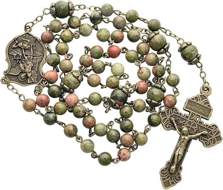 Catholic Rosary India Agate Natural Stone Beads Rosary with Cap St Michael medal