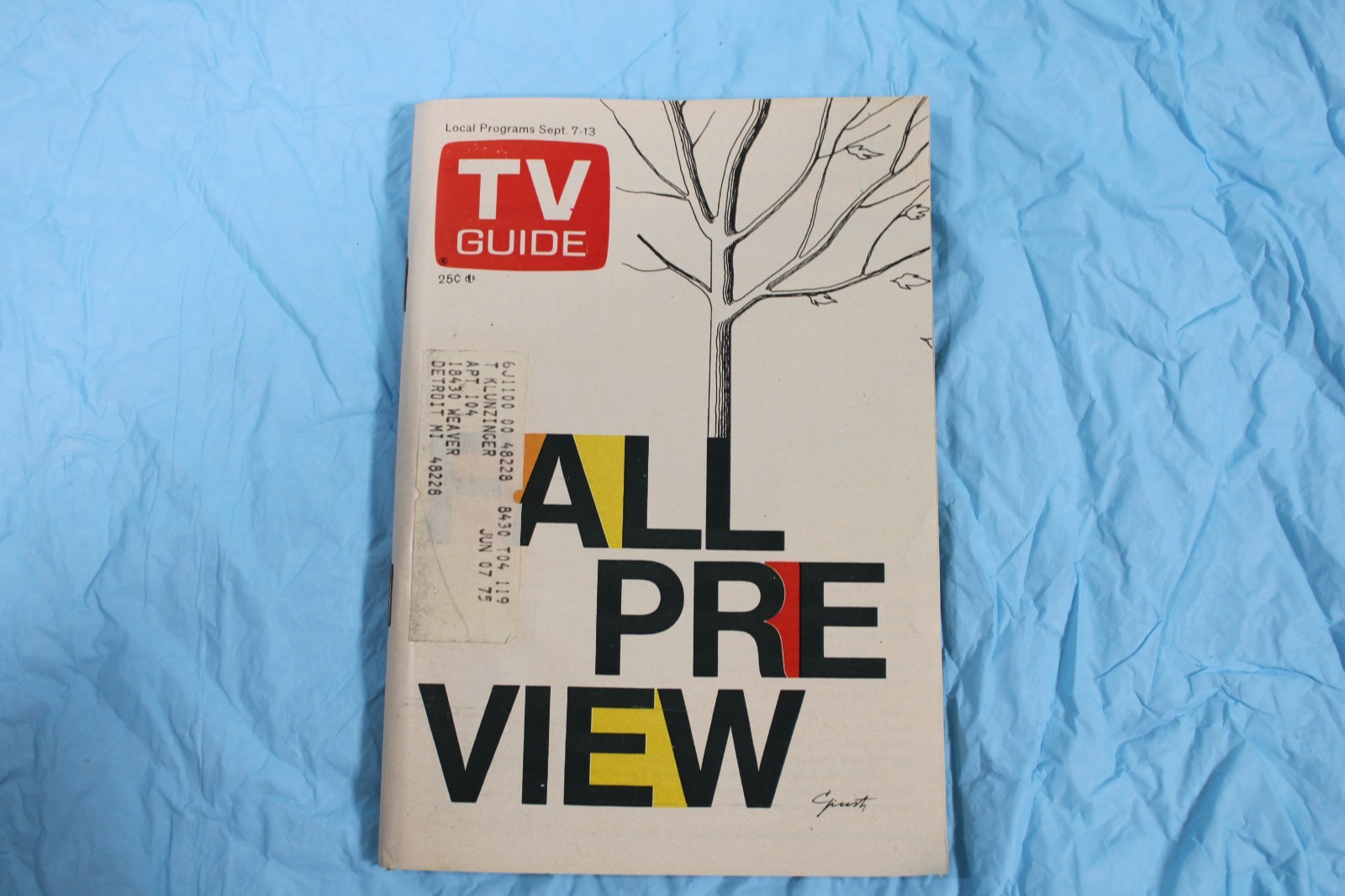 1974 TV Guide Sept 7-13 #1119 Michigan Fall Preview Special Issue Label