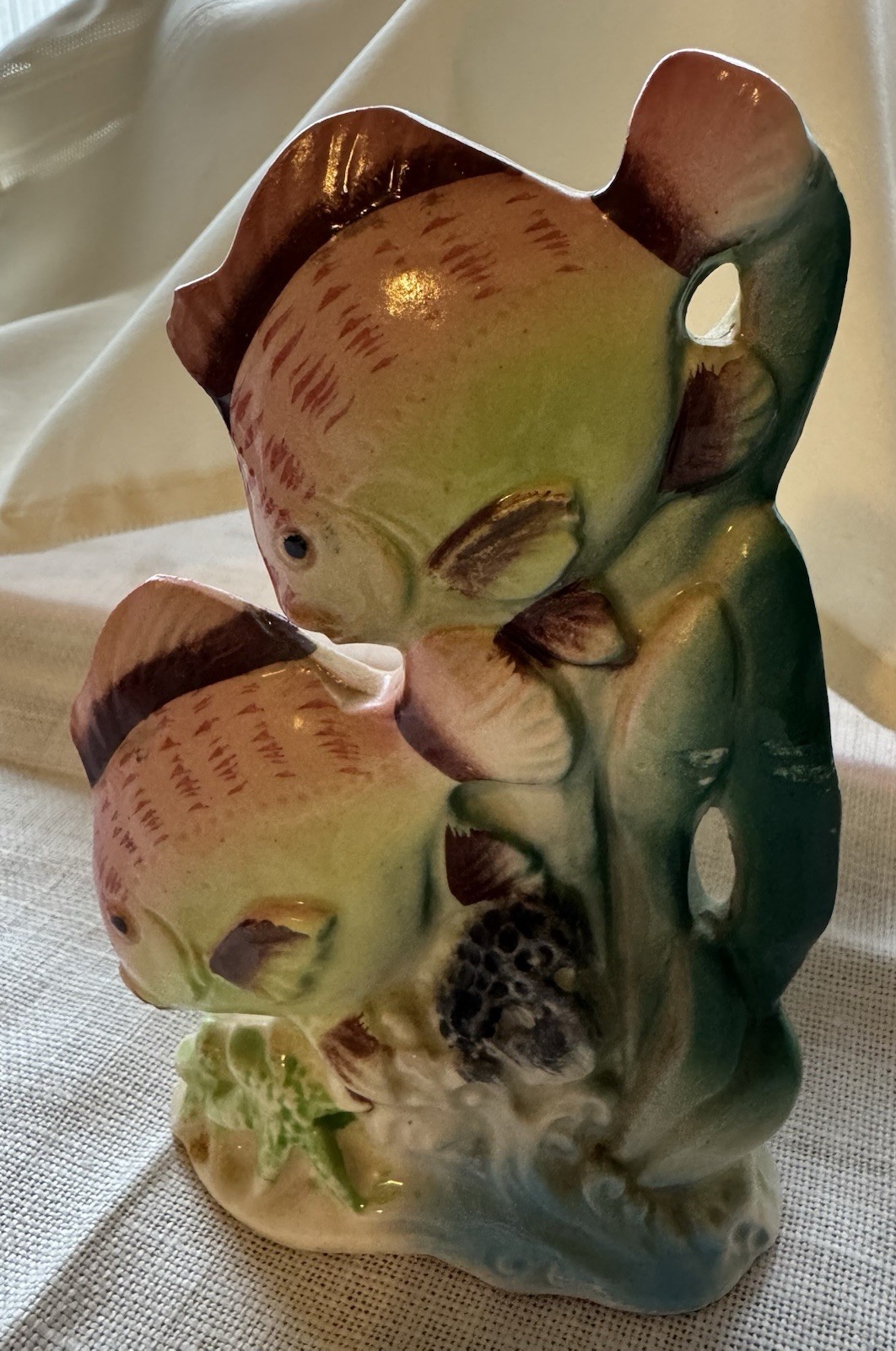 Vintage Japan Ceramic Tropical Angel Fish Figurine Green Pink Brown