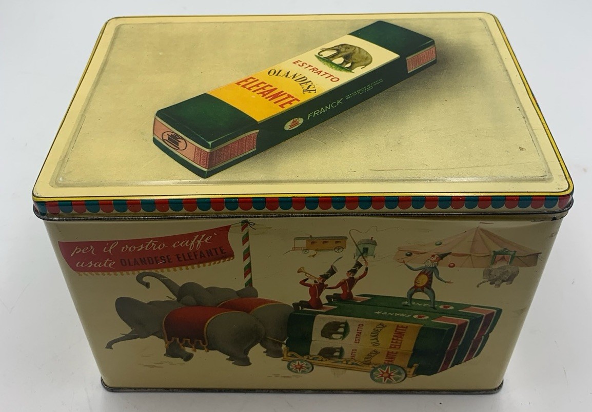 Large Vintage Empty Dutch Elephant Franck Clown Tin Box