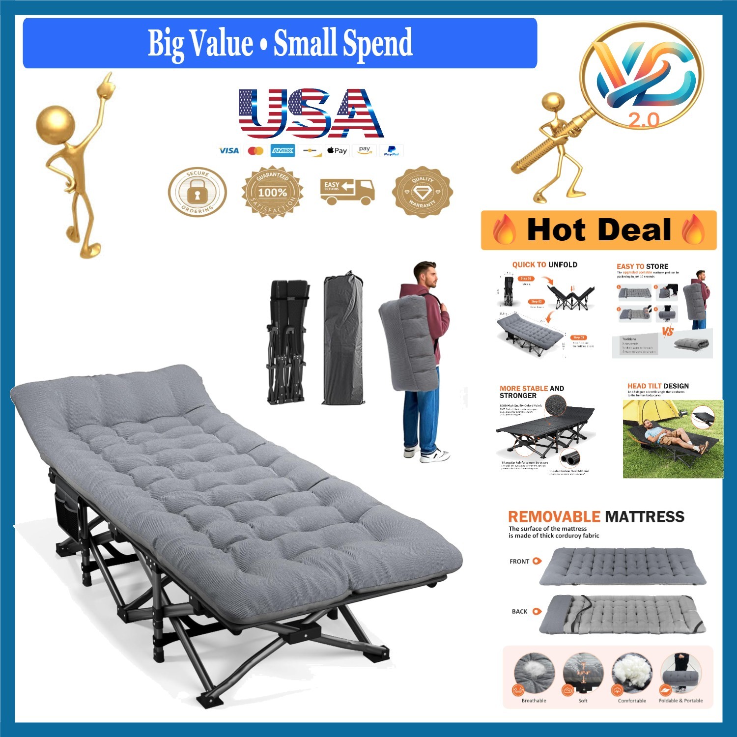 Portable Camping Cot for Adults with Cushion Gray 450 lbs Support Modern