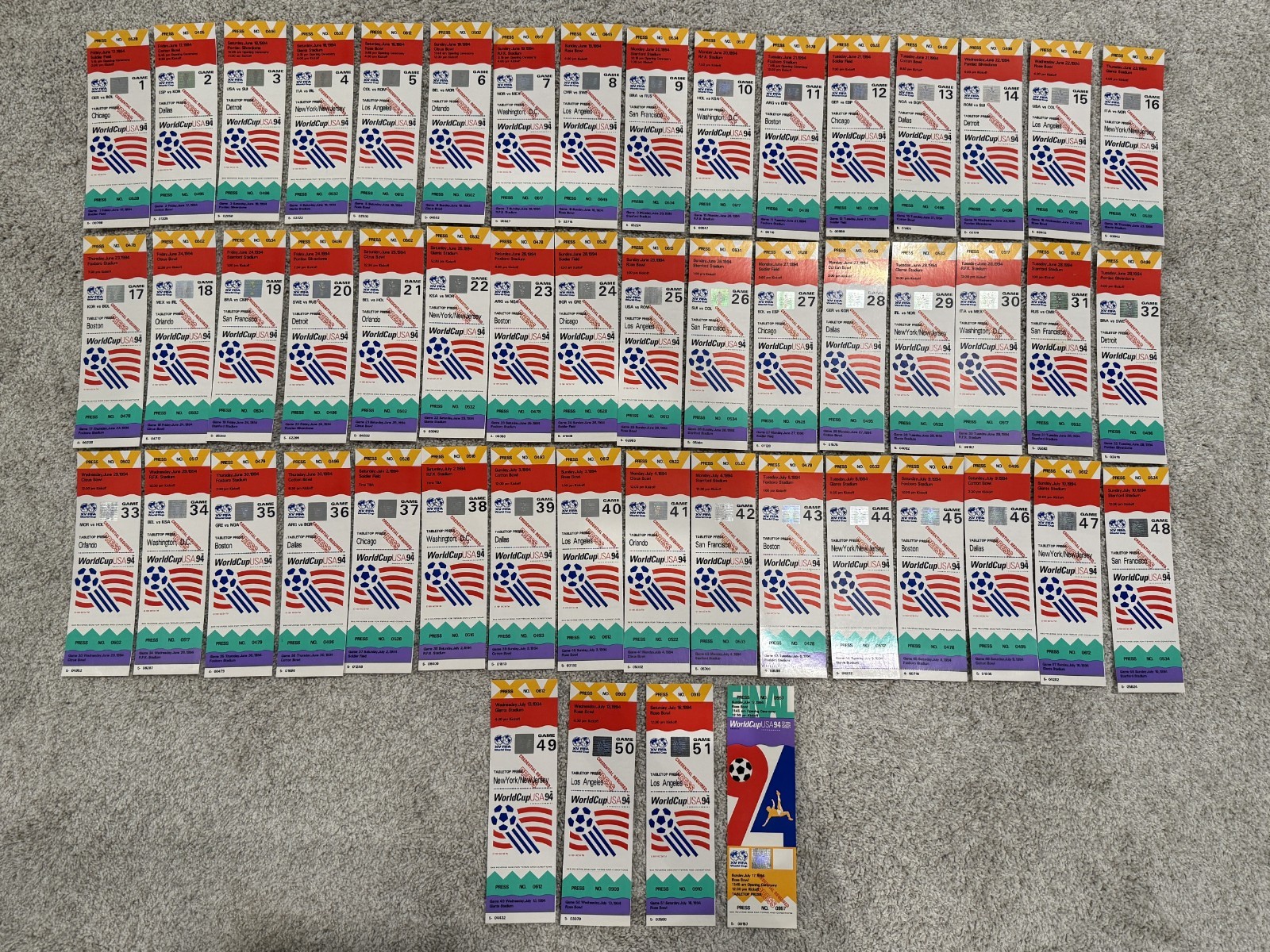 FIFA WORLD CUP 1994 TICKETS  COMPLETE UNUSED 52 TICKET SET - INCLUDING FINAL