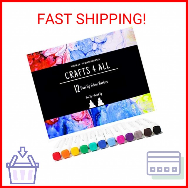 Crafts 4 All Fabric Markers for Clothes - Pack of 12 No Fade, Dual Tip Permanent