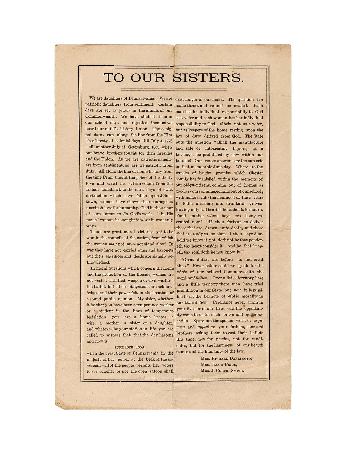 [Chester County — Pennsylvania] – To Our Sisters – Civil War – 1889