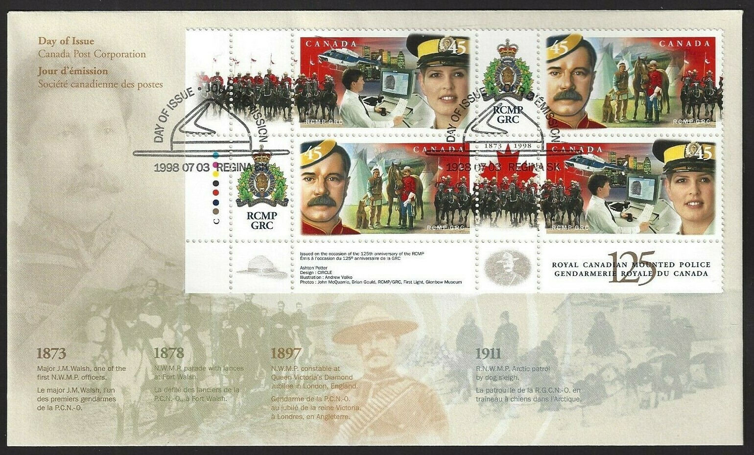 🍁Canada   #1736/1737a LLpb   "R.C.M.P."   Brand New  1998  First Day Cover